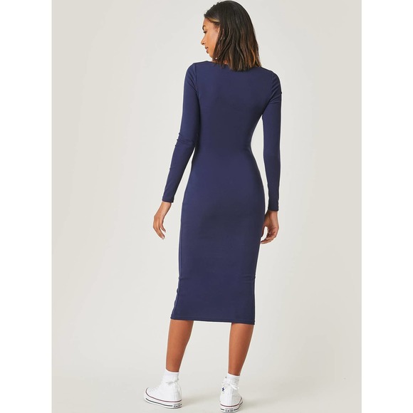 Minimalist Cotton Square Neck long sleeve Bodycon midi Dress - Picture 6 of 8
